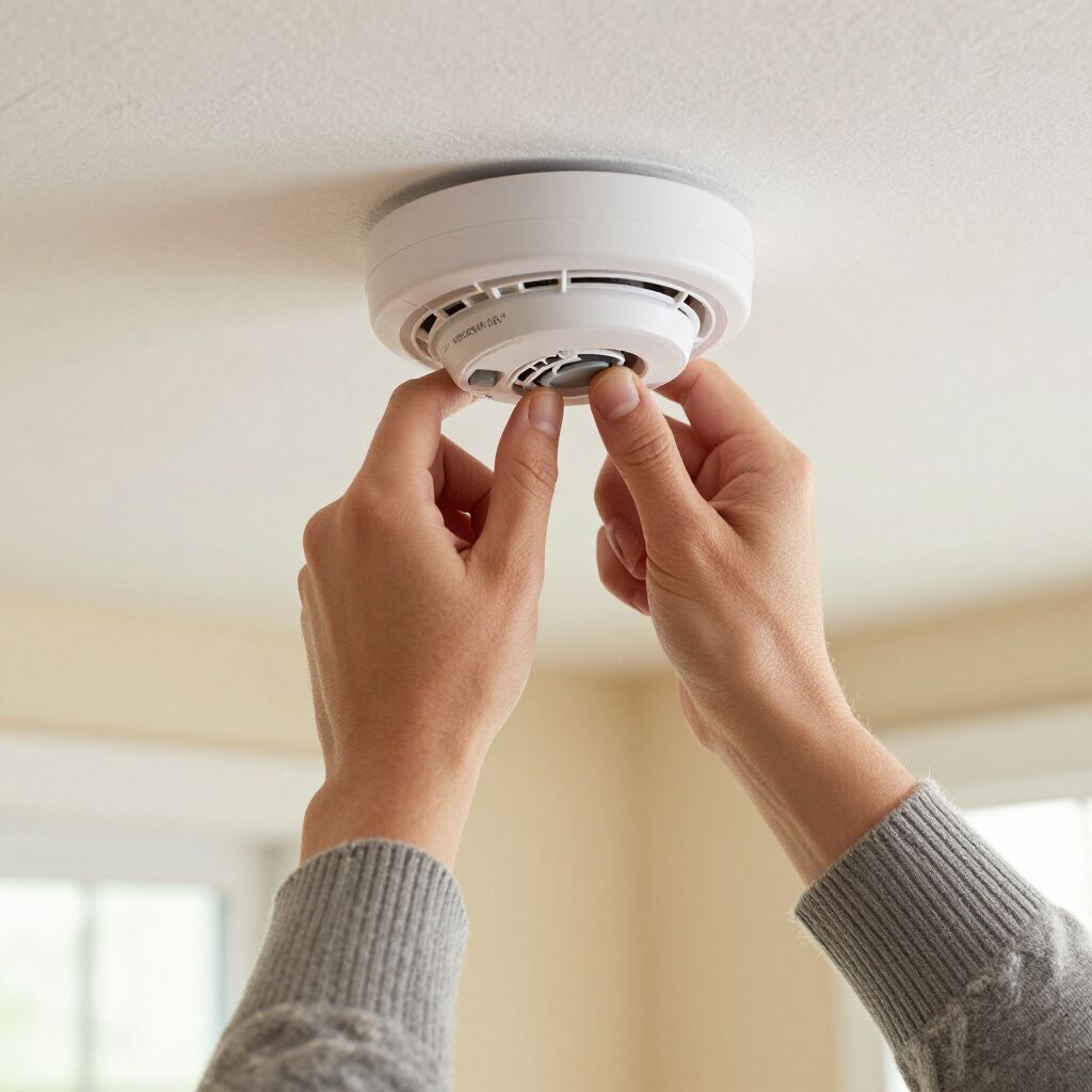 Hands installing a white smoke detector on a ceiling.