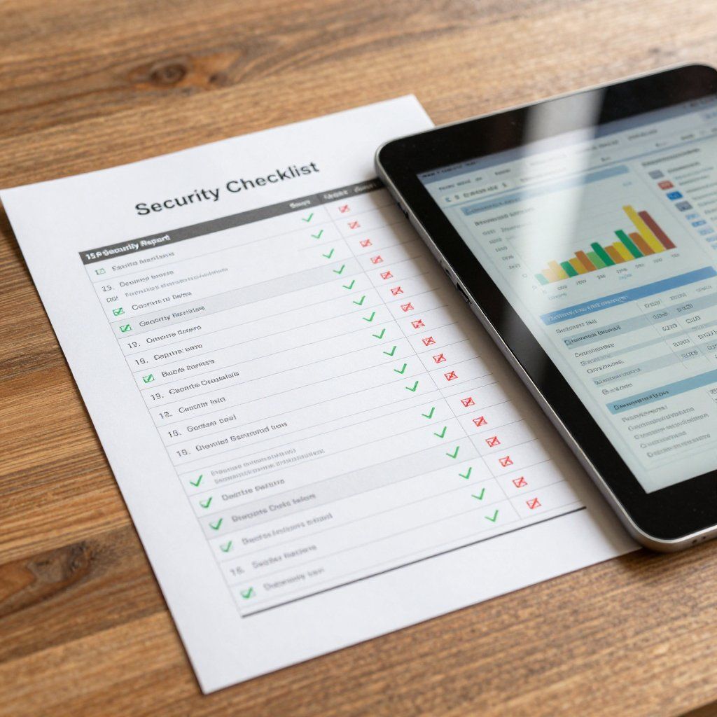 A security checklist with checkmarks lies next to a tablet displaying a colorful graph on a wooden desk.