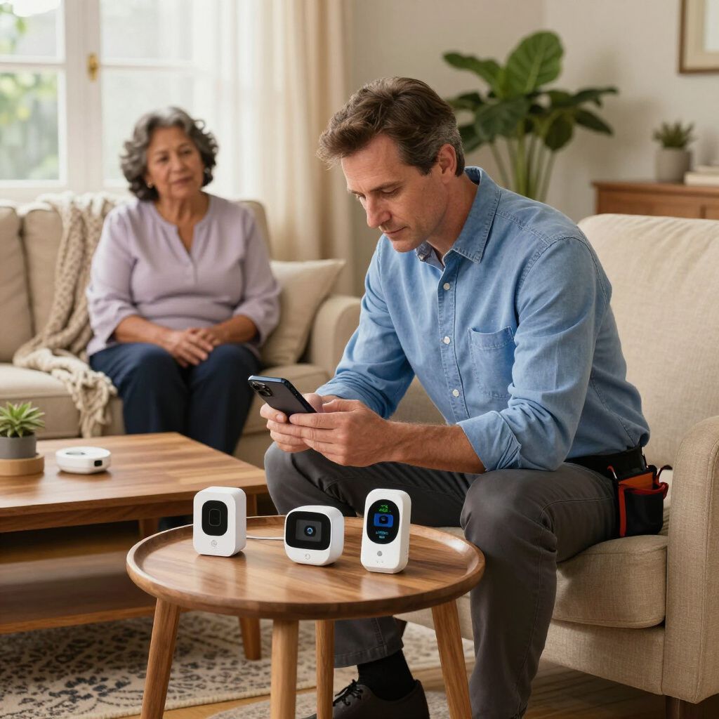 Man sits with phone, setting up security cameras. Woman sits on sofa. Living room.