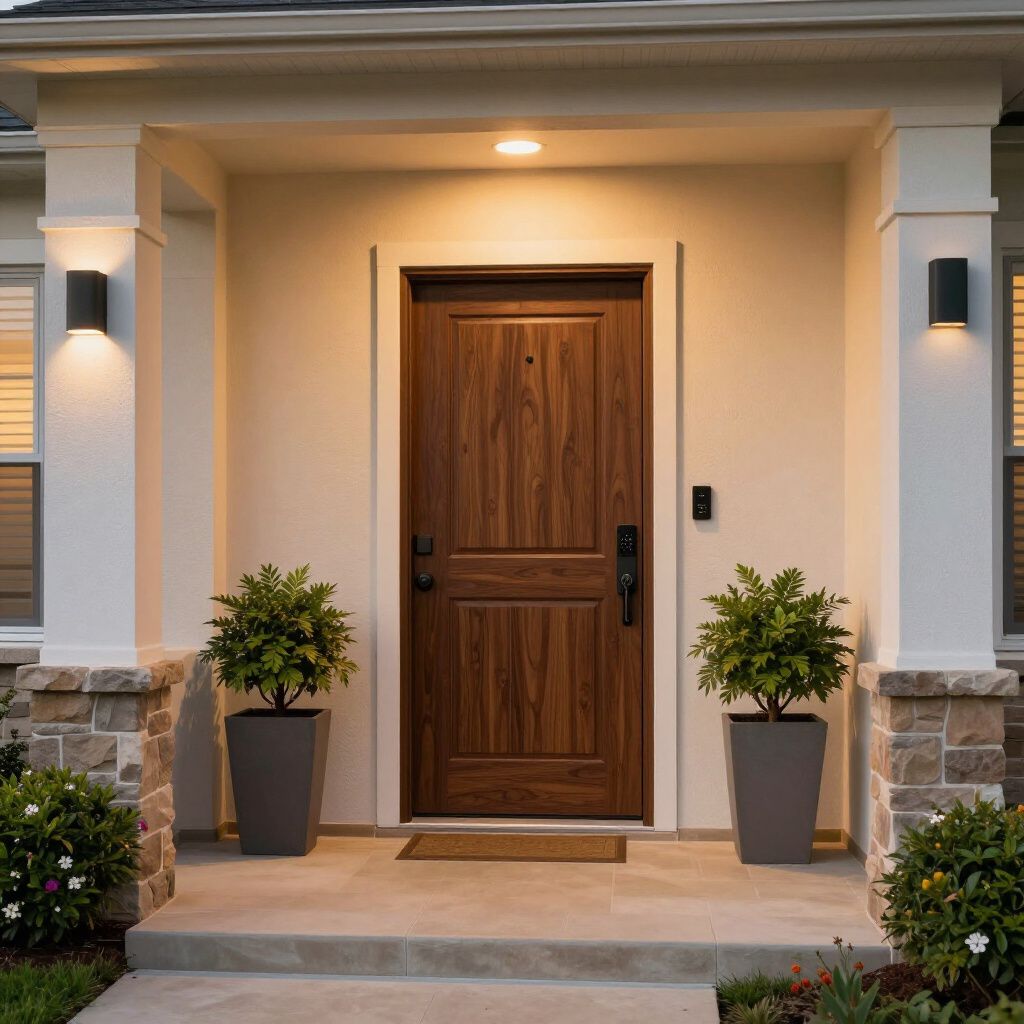 Wooden front door with potted plants, sconce lights, and stone columns on a porch.
