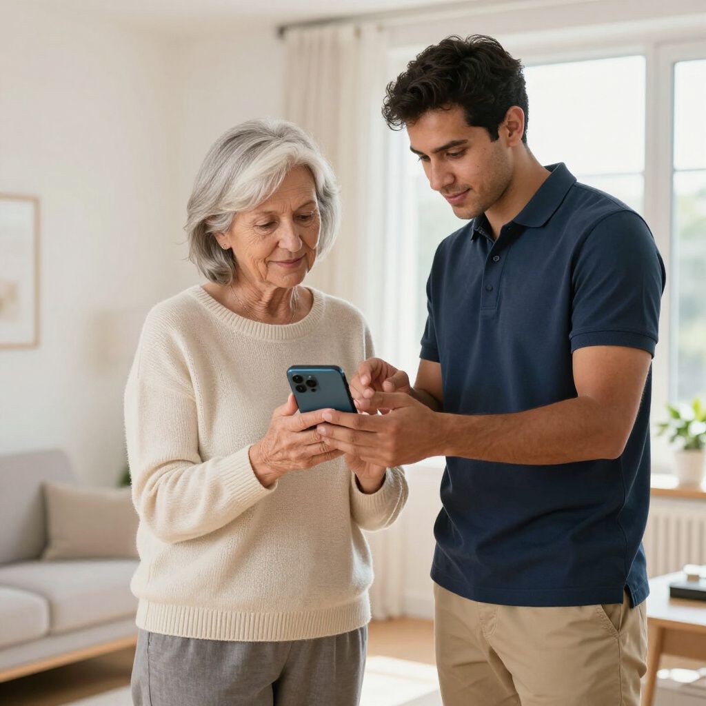 Woman and man looking at a smartphone indoors. The man points to the phone.
