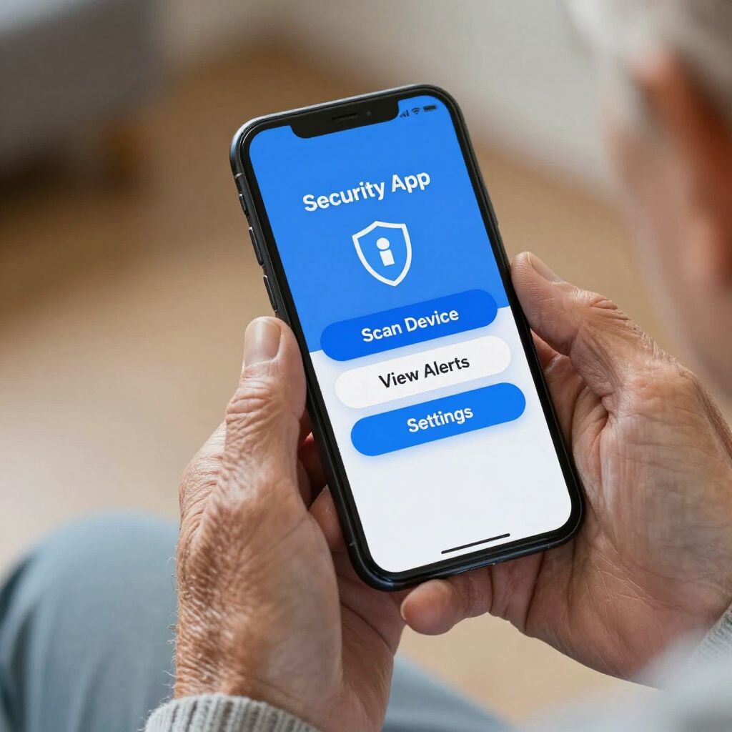 Person holding a smartphone displaying a security app interface, with buttons to scan device, view alerts, and access settings.