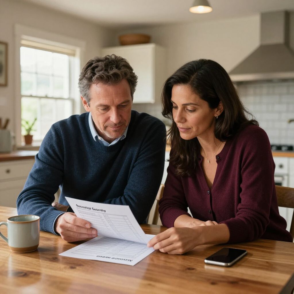 A couple reviewing paperwork at a wooden table in a kitchen. They look concerned.