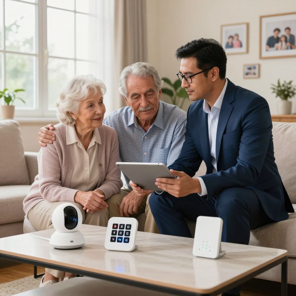 Man showing tablet to older couple, demonstrating security system in a living room.