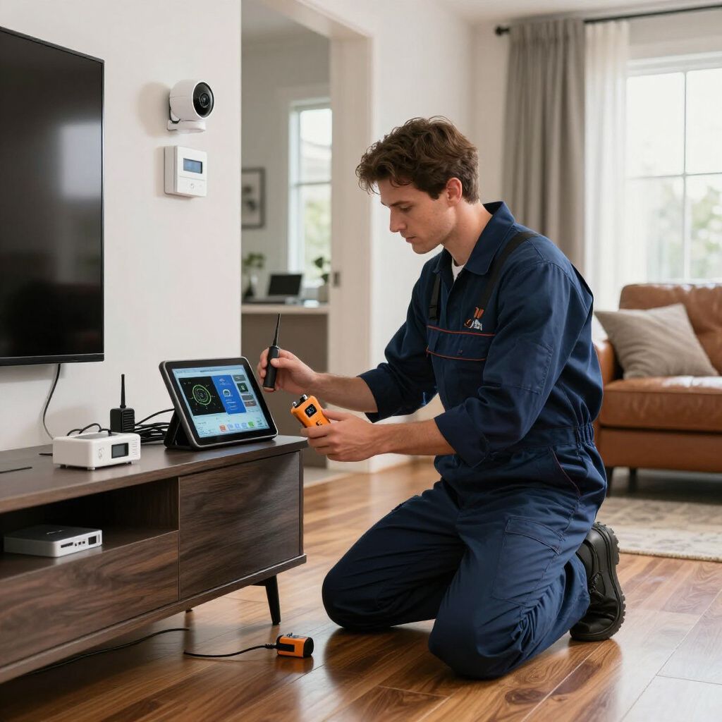 Technician kneeling, inspecting equipment near a console in a living room.