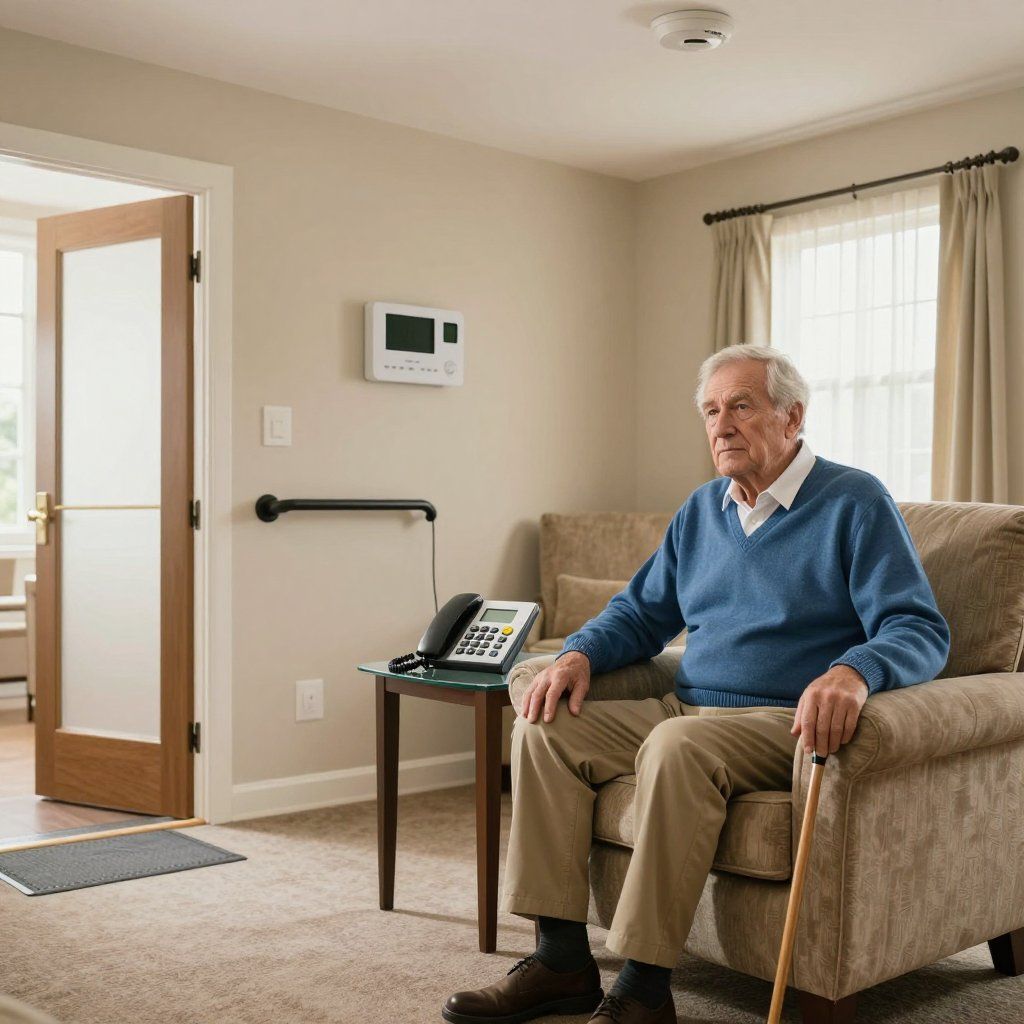 Elderly man sitting in a living room, holding a cane. He's near a table with a phone.