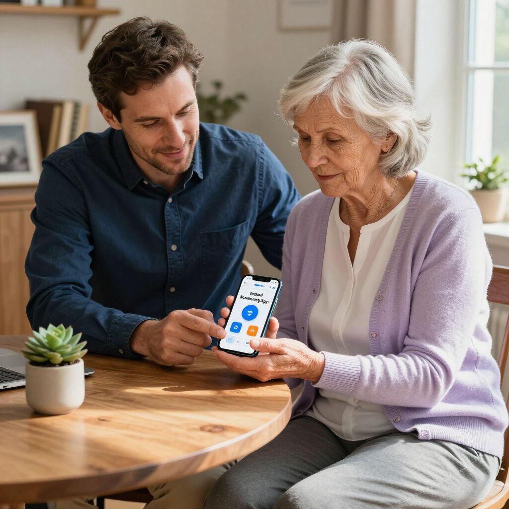 Man showing an app on a phone to an older woman at a table.