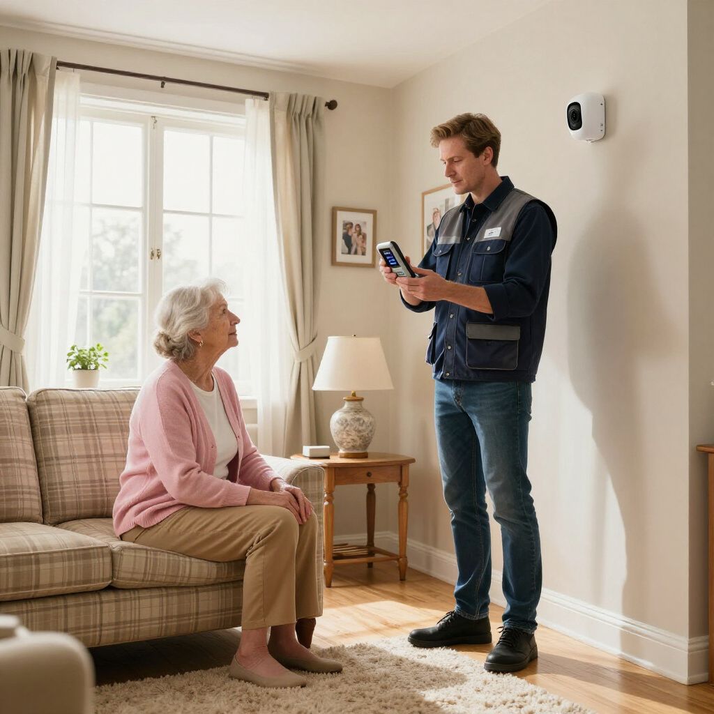 Man showing an elderly woman a handheld device, near a security camera in a living room.