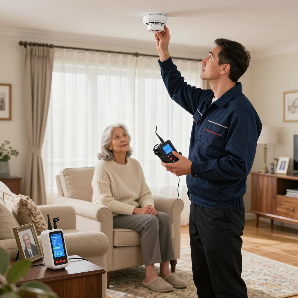 Man testing a smoke detector in a home while a woman watches.