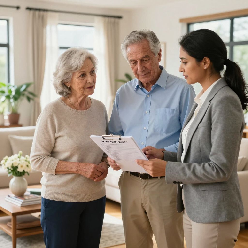 Woman showing document to older couple in a living room.