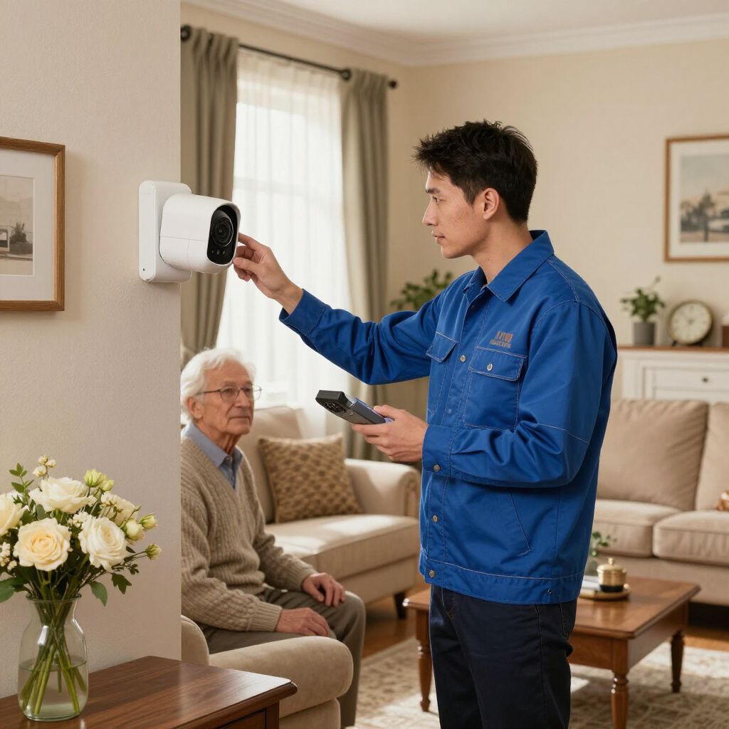 Man in blue uniform adjusting security camera, senior man watches in living room.
