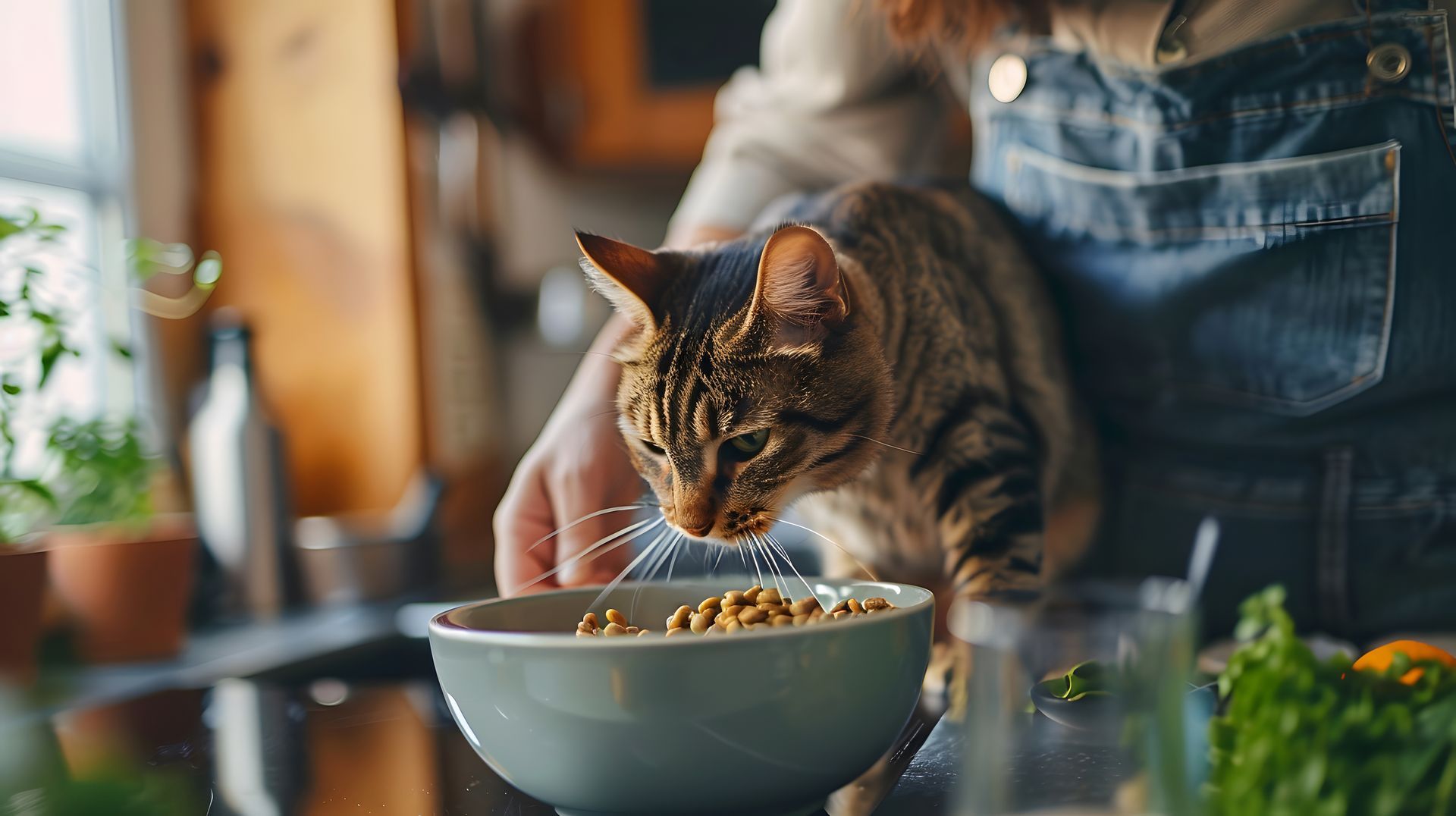 A person is feeding a cat from a bowl in the kitchen.