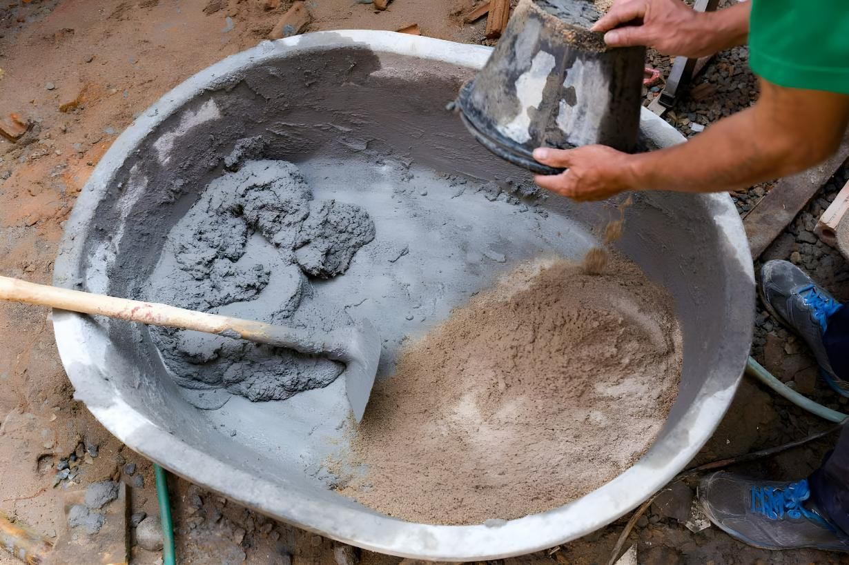 A Person is Mixing Concrete in a Large Bowl With a Shovel — Hothams In Bathurst, NSW