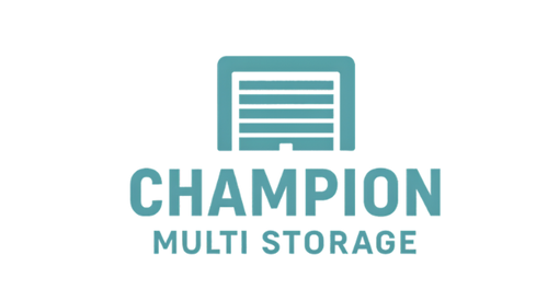 Red Champion Multi Storage logo with a garage door graphic.