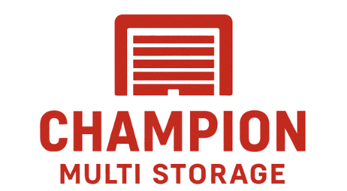 Red Champion Multi Storage logo with a garage door graphic.