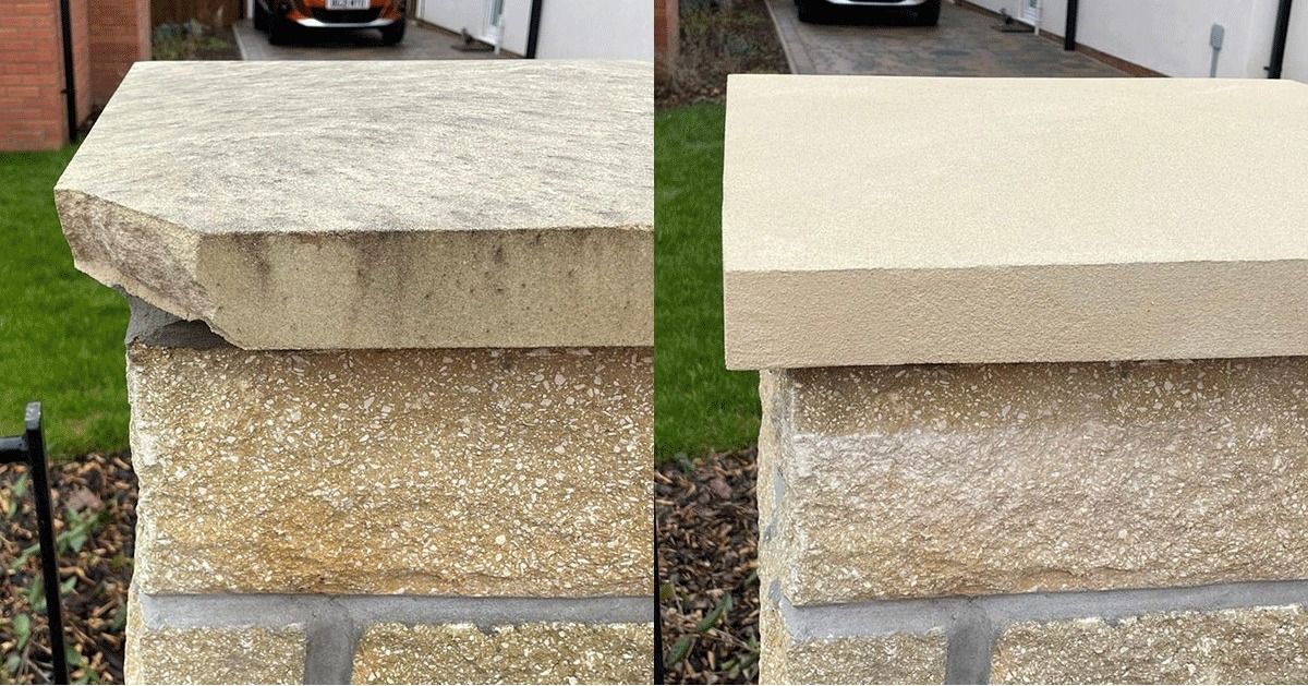 A split-screen comparison shows a stone pillar cap before and after professional cleaning, transforming it from grey to tan.