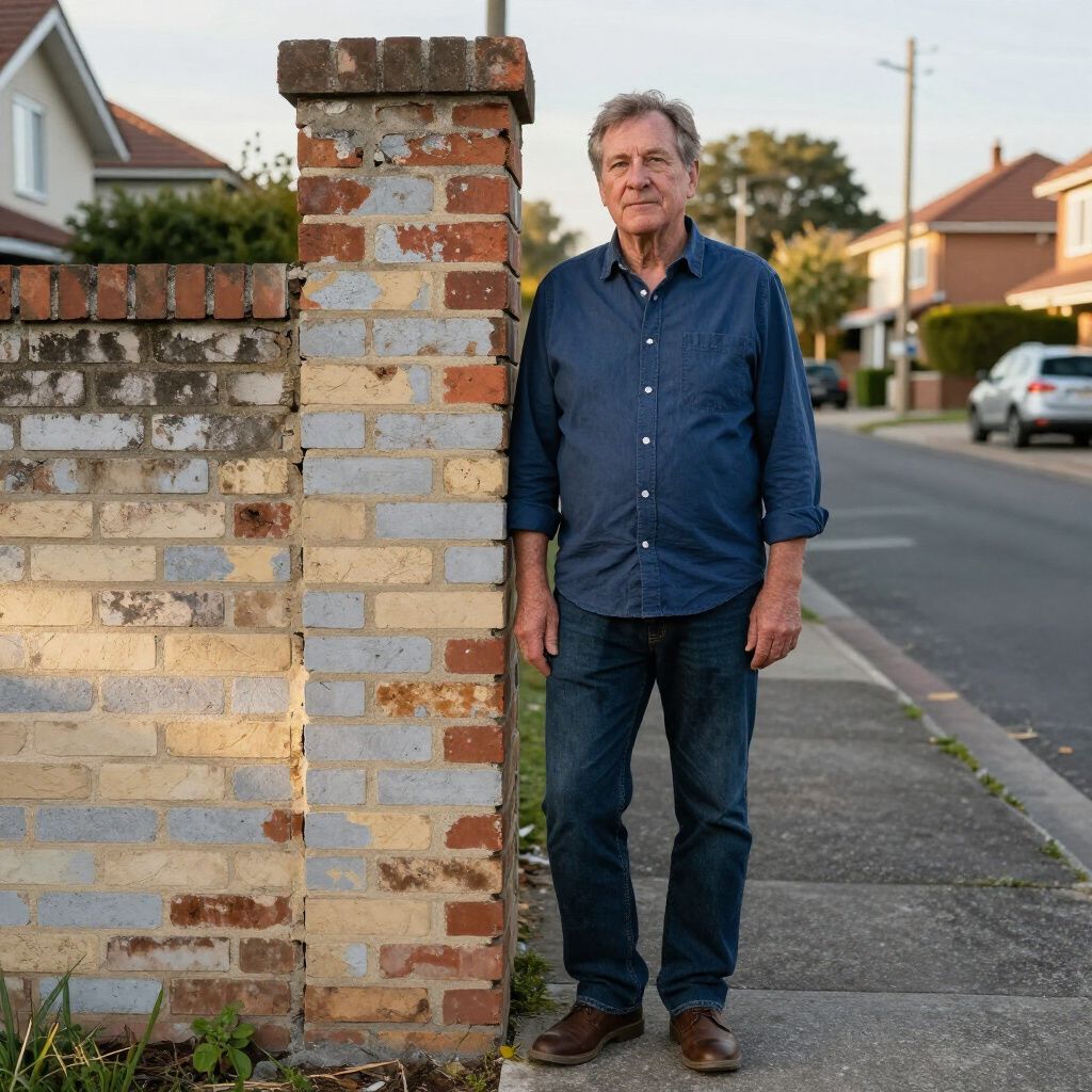 A person in a blue shirt and jeans stands on a sidewalk next to a brick pillar and wall in a residential neighborhood.