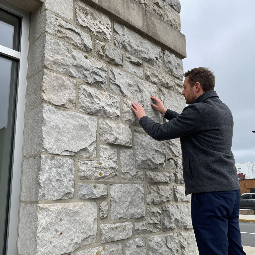 A person in a gray coat touching the textured surface of a light gray stone wall exterior.