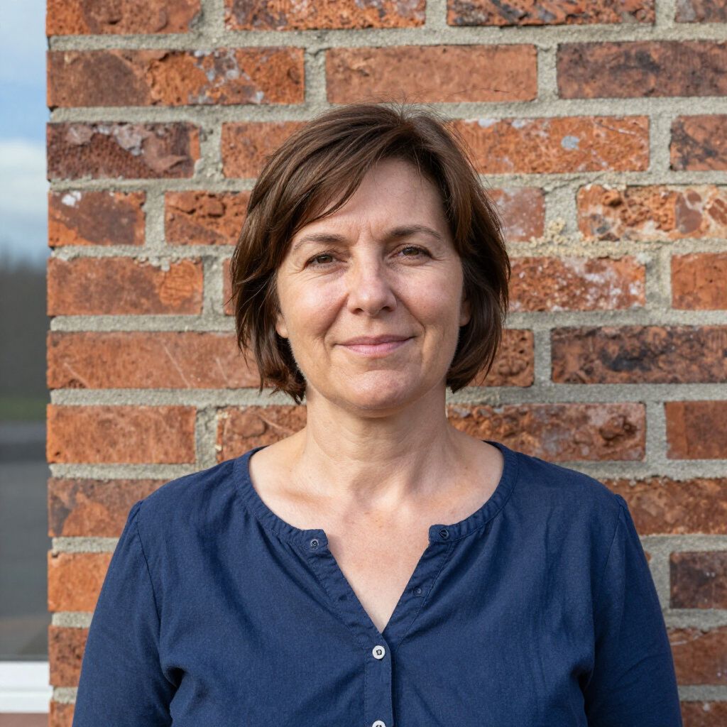 A person with shoulder-length brown hair, wearing a dark blue button-down shirt, stands against a red brick wall.