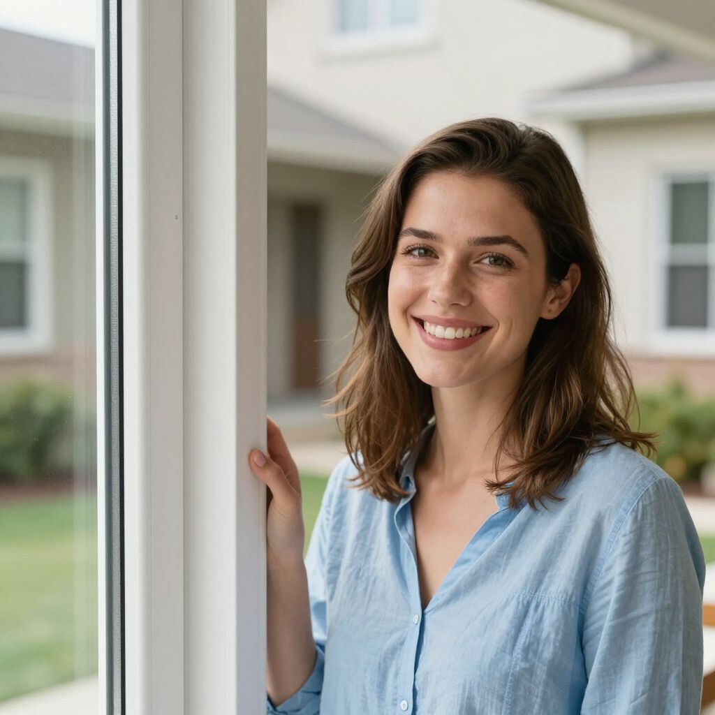 A person smiling while standing next to a large window, with a blurred residential building and greenery in the background.