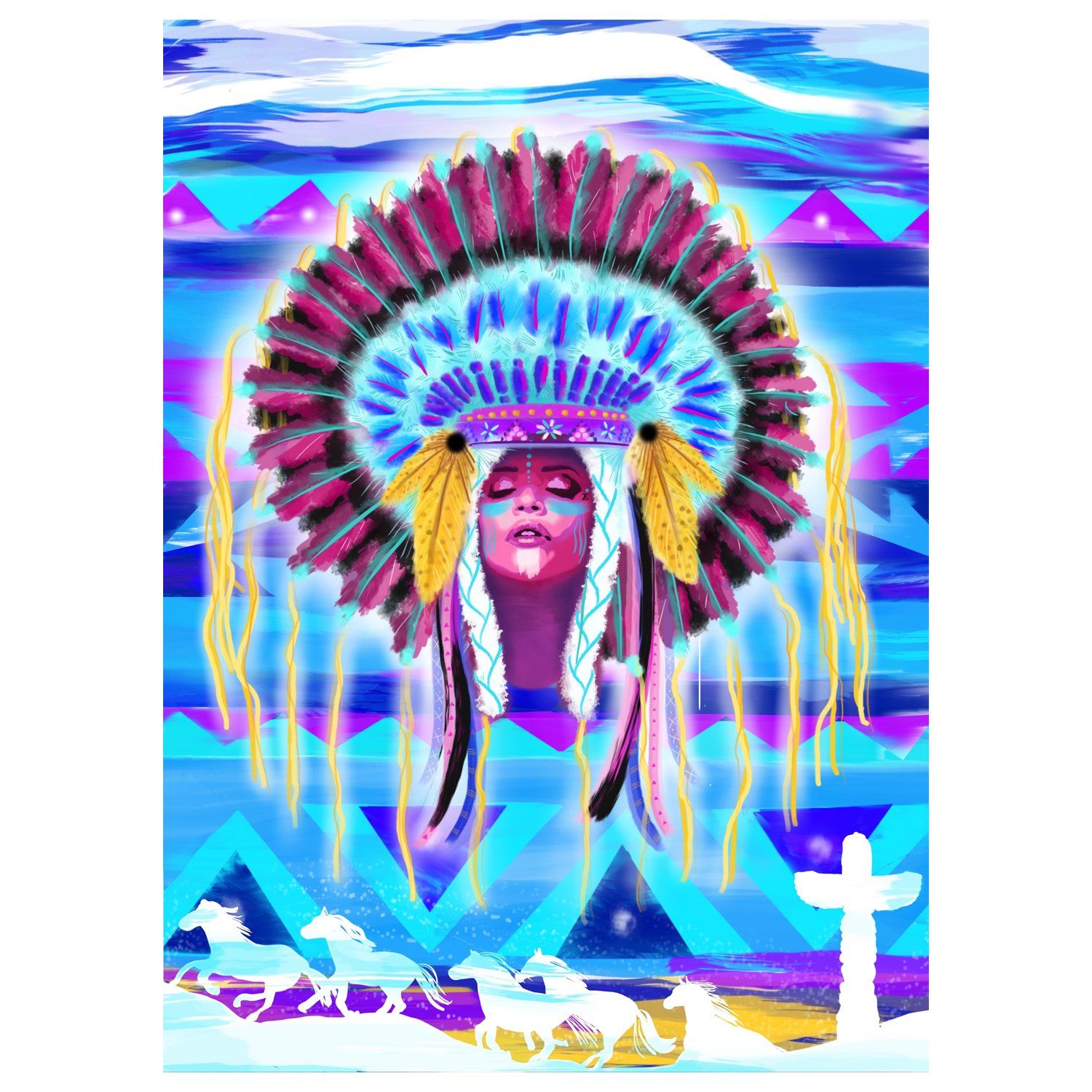 donatella azygous, digital art, head dress, neon, canvas, print