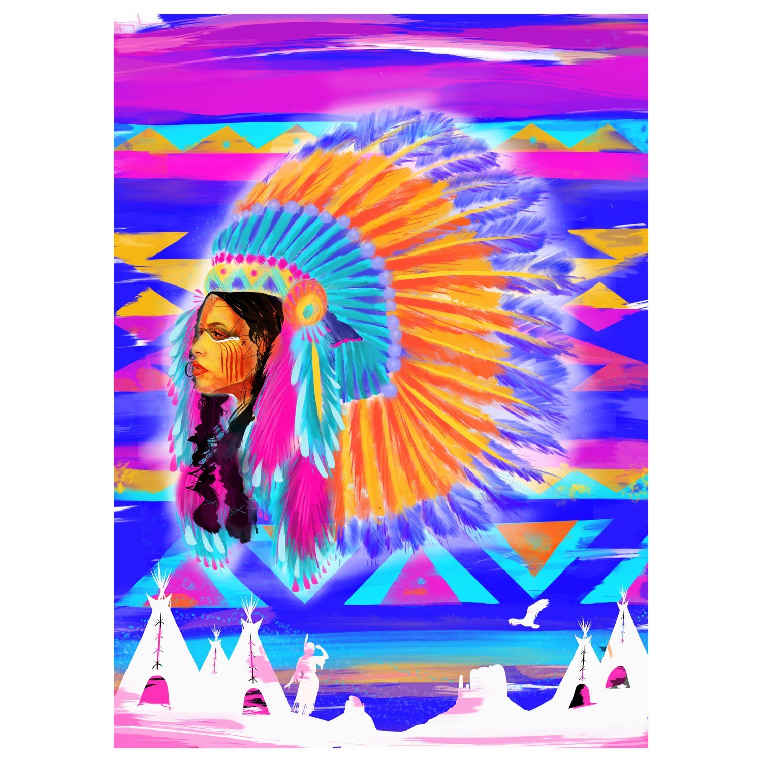 donatella azygous, digital art, head dress, neon, canvas, print