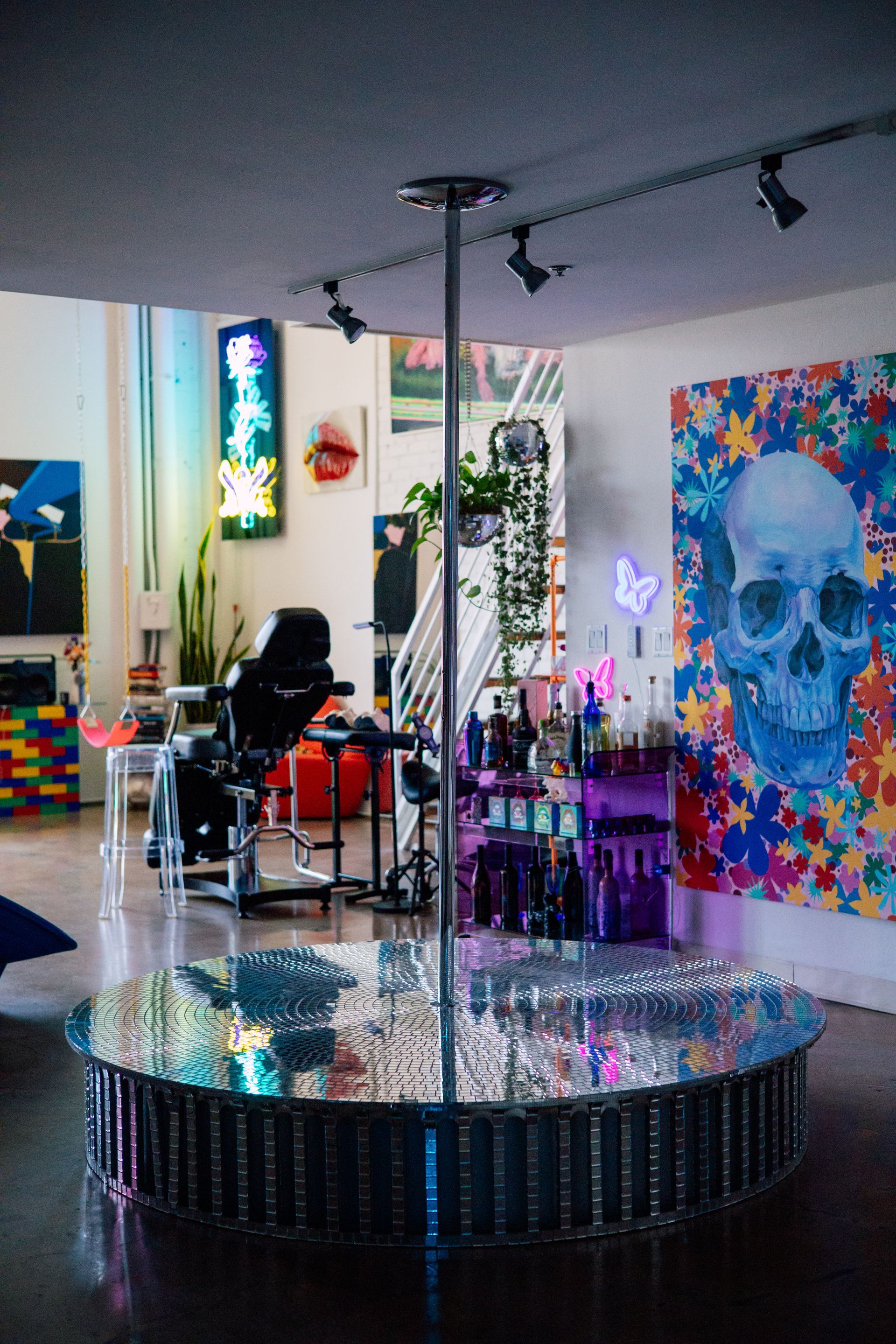 azygous art haus, los angeles, art gallery, art studio, tattoo, female tattooers, artists, california, neon, 80's decor, inspiring architecture, imagination, imaginative space, inner child, fun house, indoor swing, slide, playground, tattoos, paintings, jewelry