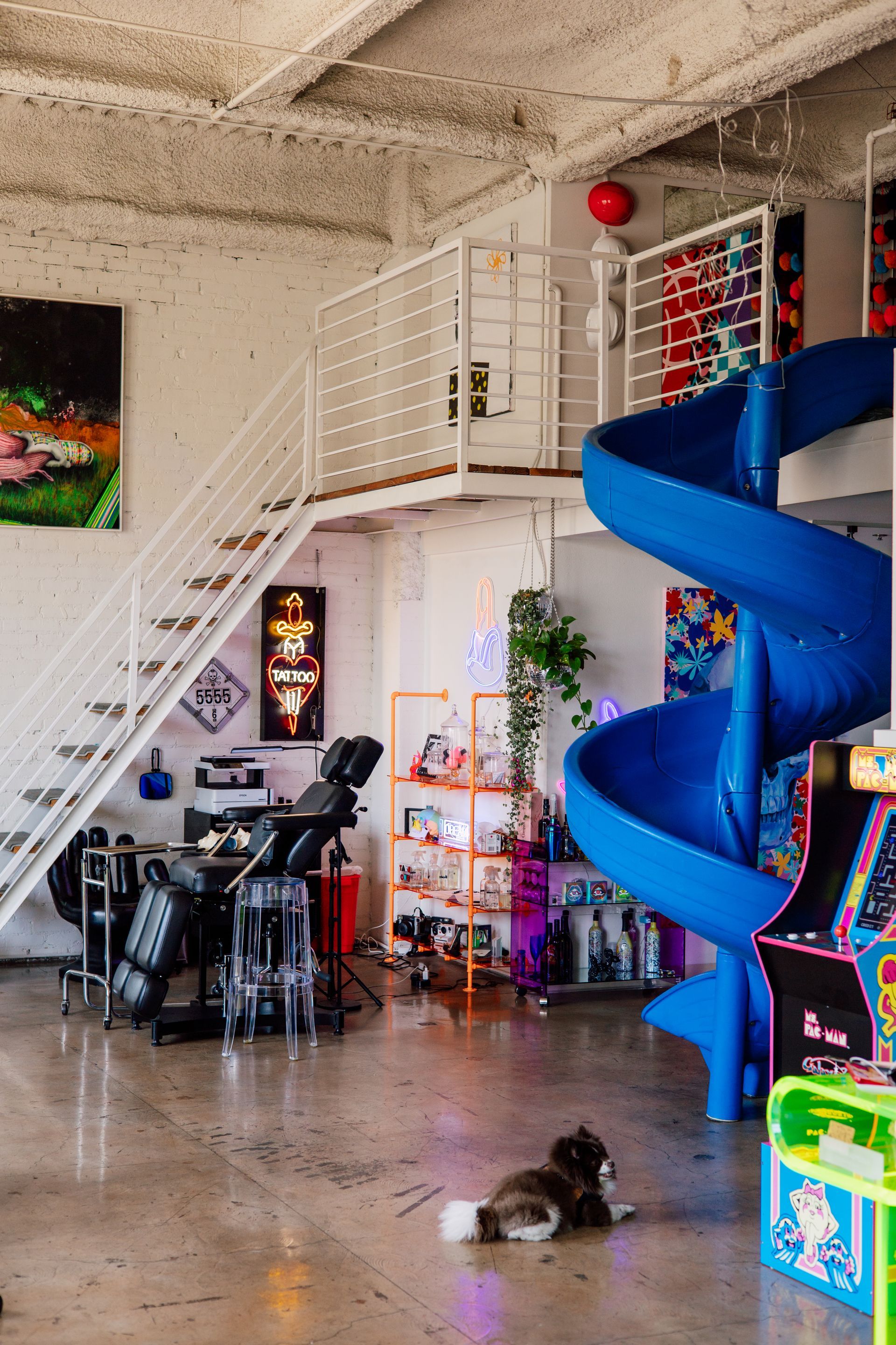 azygous art haus, los angeles, art gallery, art studio, tattoo, female tattooers, artists, california, neon, 80's decor, inspiring architecture, imagination, imaginative space, inner child, fun house, indoor swing, slide, playground, tattoos, paintings, jewelry