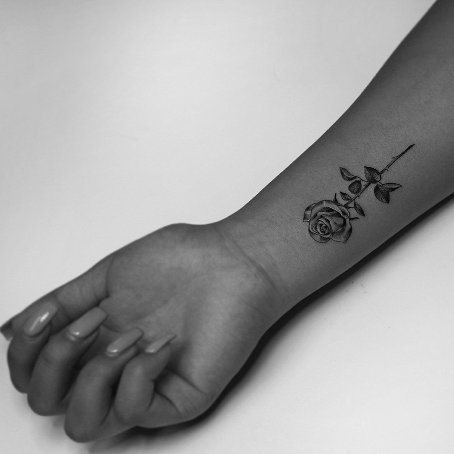single needle tattoo, tattoo, fine line, black and grey, los angeles, female artist, donatella azygous, rose, rose tattoo, dainty tattoo