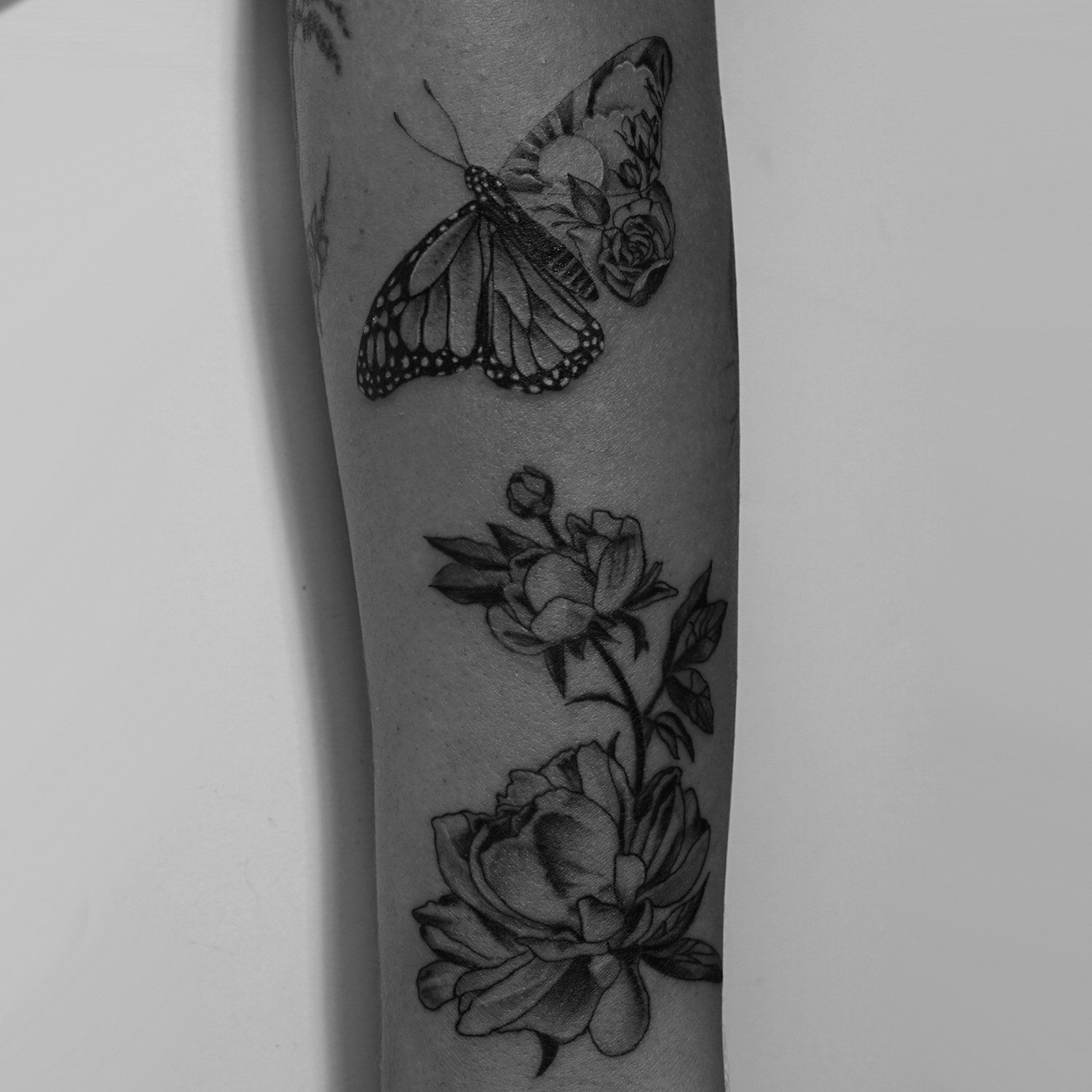 single needle tattoo, tattoo, fine line, black and grey, los angeles, female artist, donatella azygous, butterfly tattoo, floral tattoo