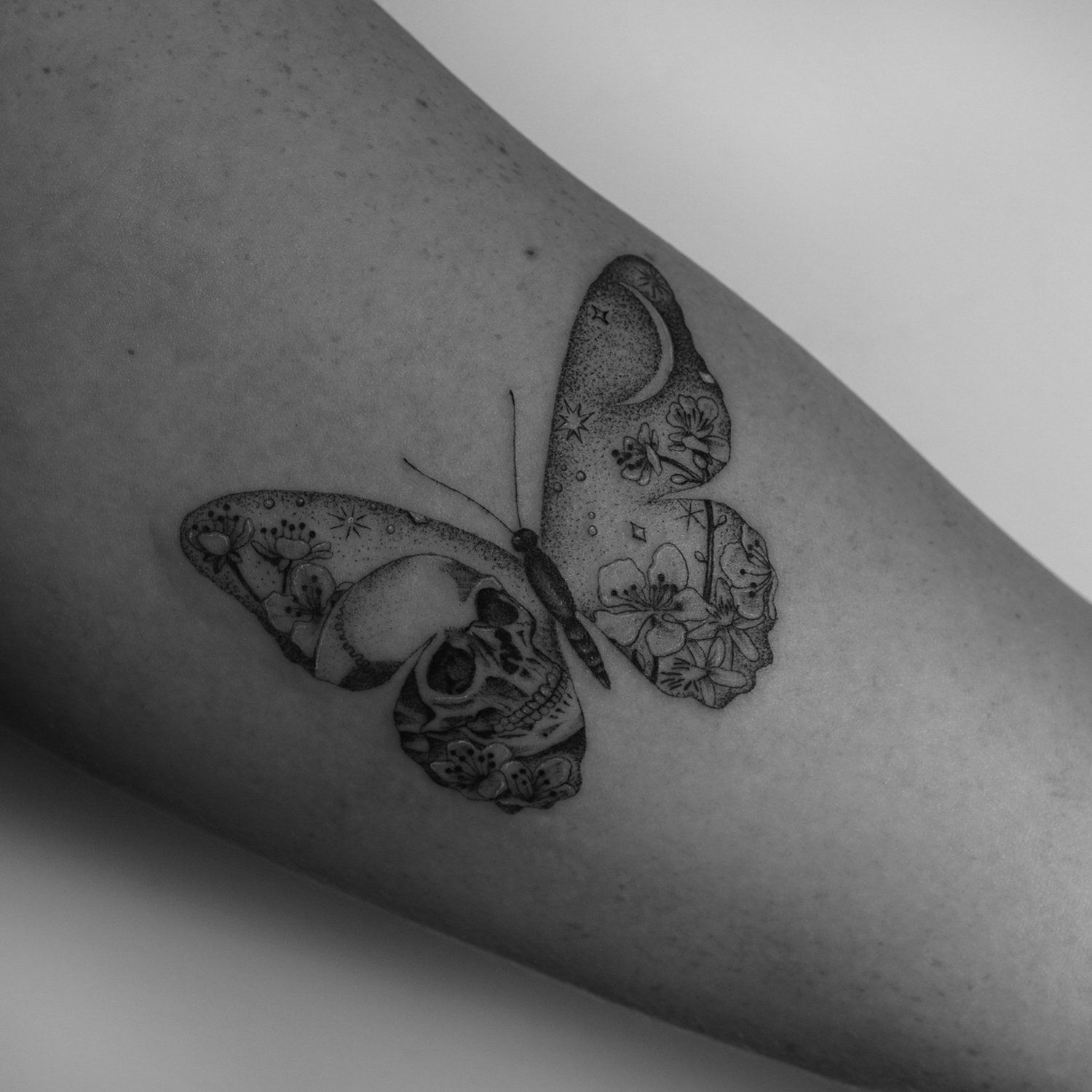 single needle tattoo, tattoo, fine line, black and grey, los angeles, female artist, donatella azygous, butterfly tattoo, skull, butterfly skull