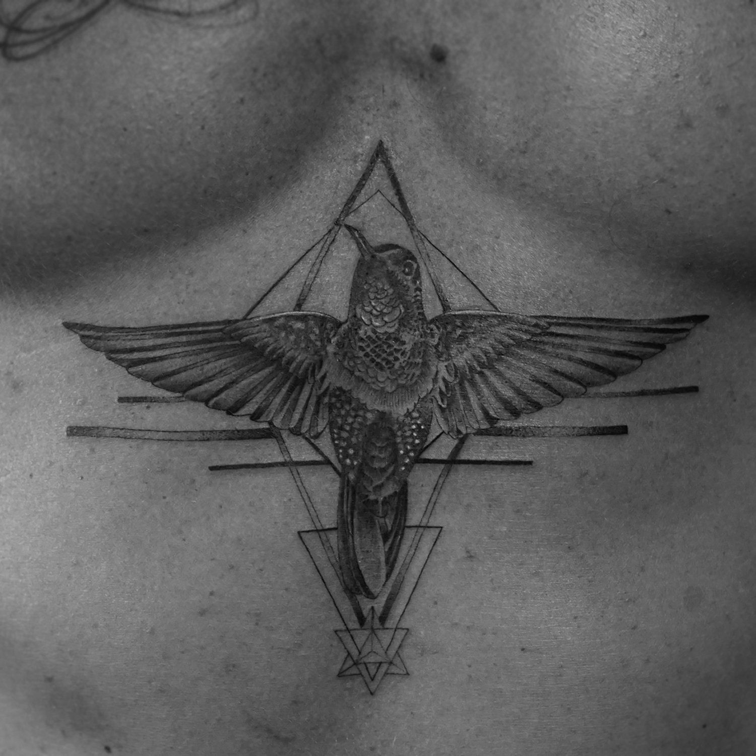 single needle tattoo, tattoo, fine line, black and grey, los angeles, female artist, donatella azygous, geometric tattoo, humming bird tattoo