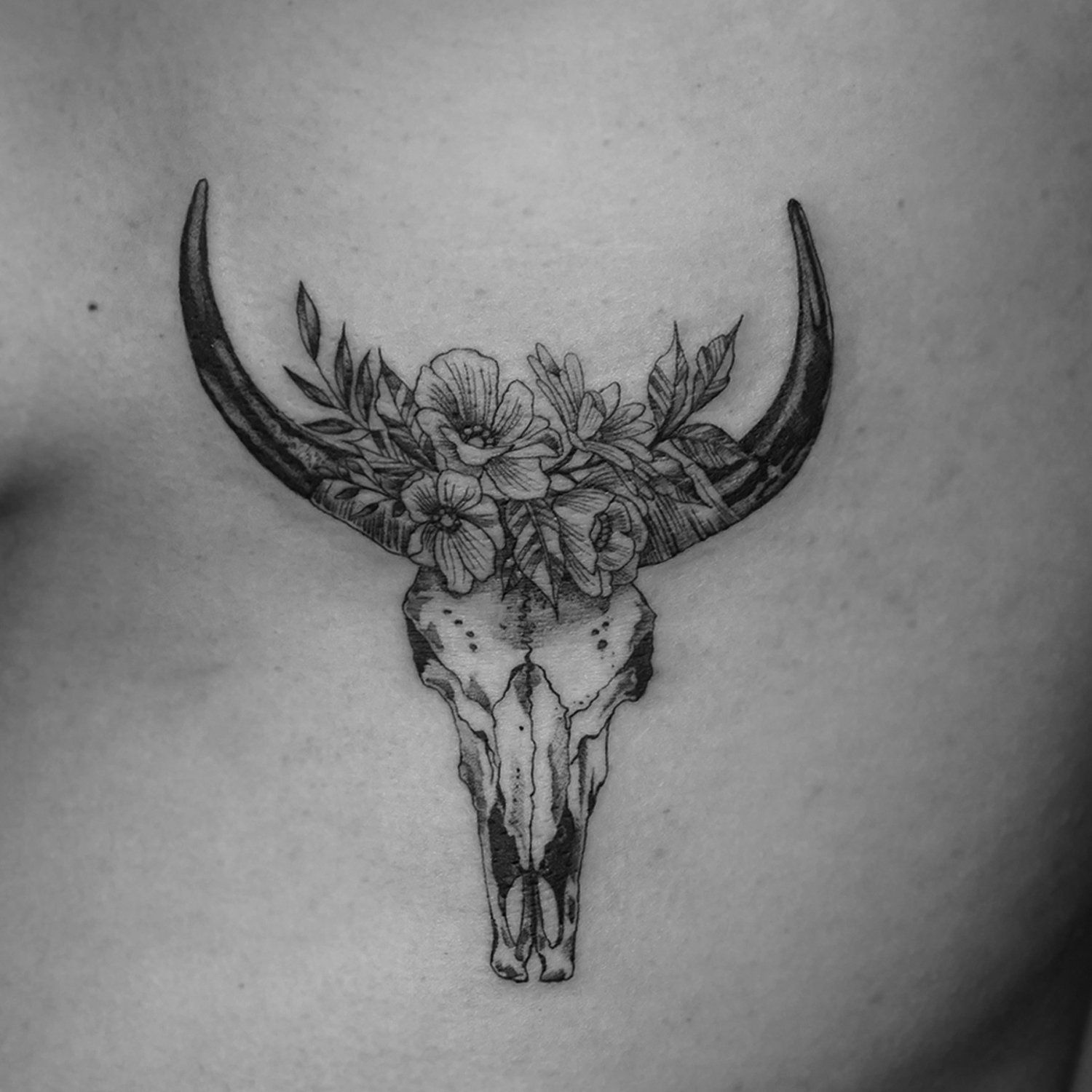 single needle tattoo, tattoo, fine line, black and grey, los angeles, female artist, donatella azygous, skull tattoo, bull skull