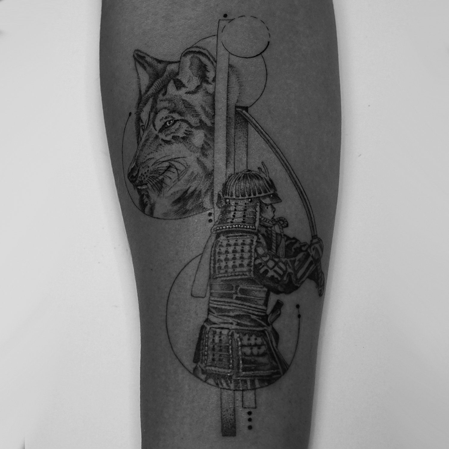 single needle tattoo, tattoo, fine line, black and grey, los angeles, female artist, donatella azygous, samurai tattoo, wolf tattoo