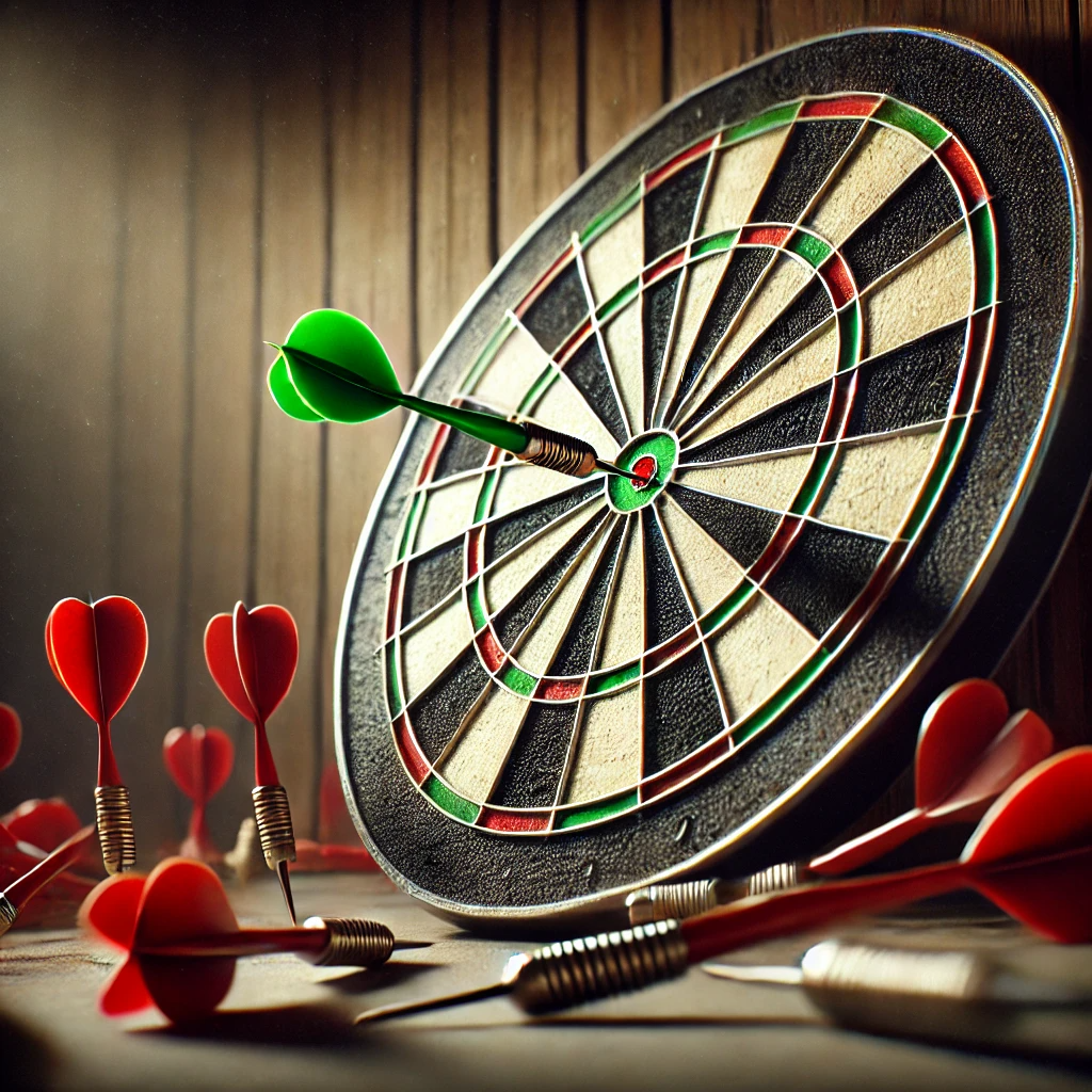 A dart board with a green dart in the center