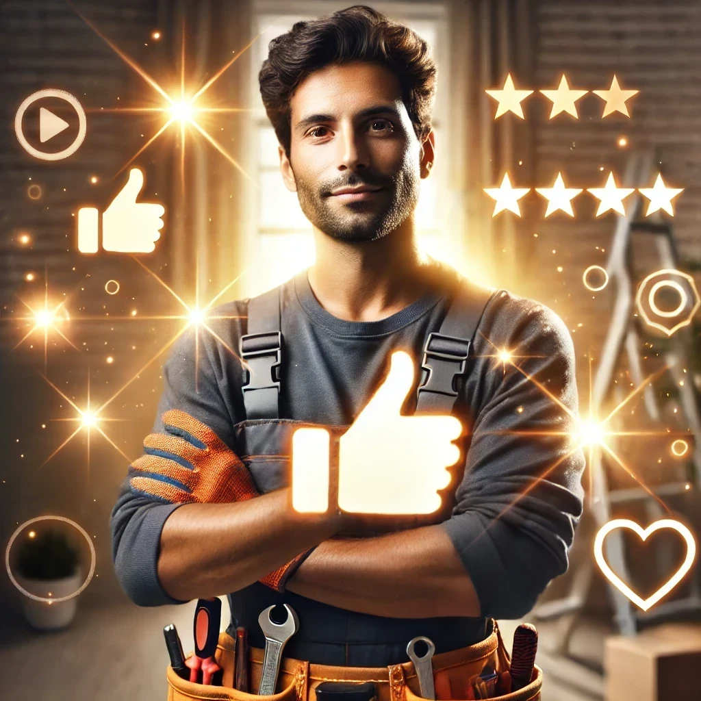 A handyman surrounded by positive online review symbols like stars, thumbs up and hearts.