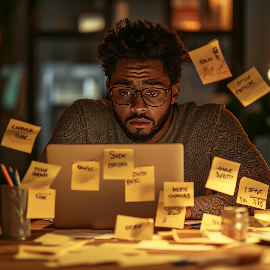 A man is sitting in front of a laptop with sticky notes flying around him