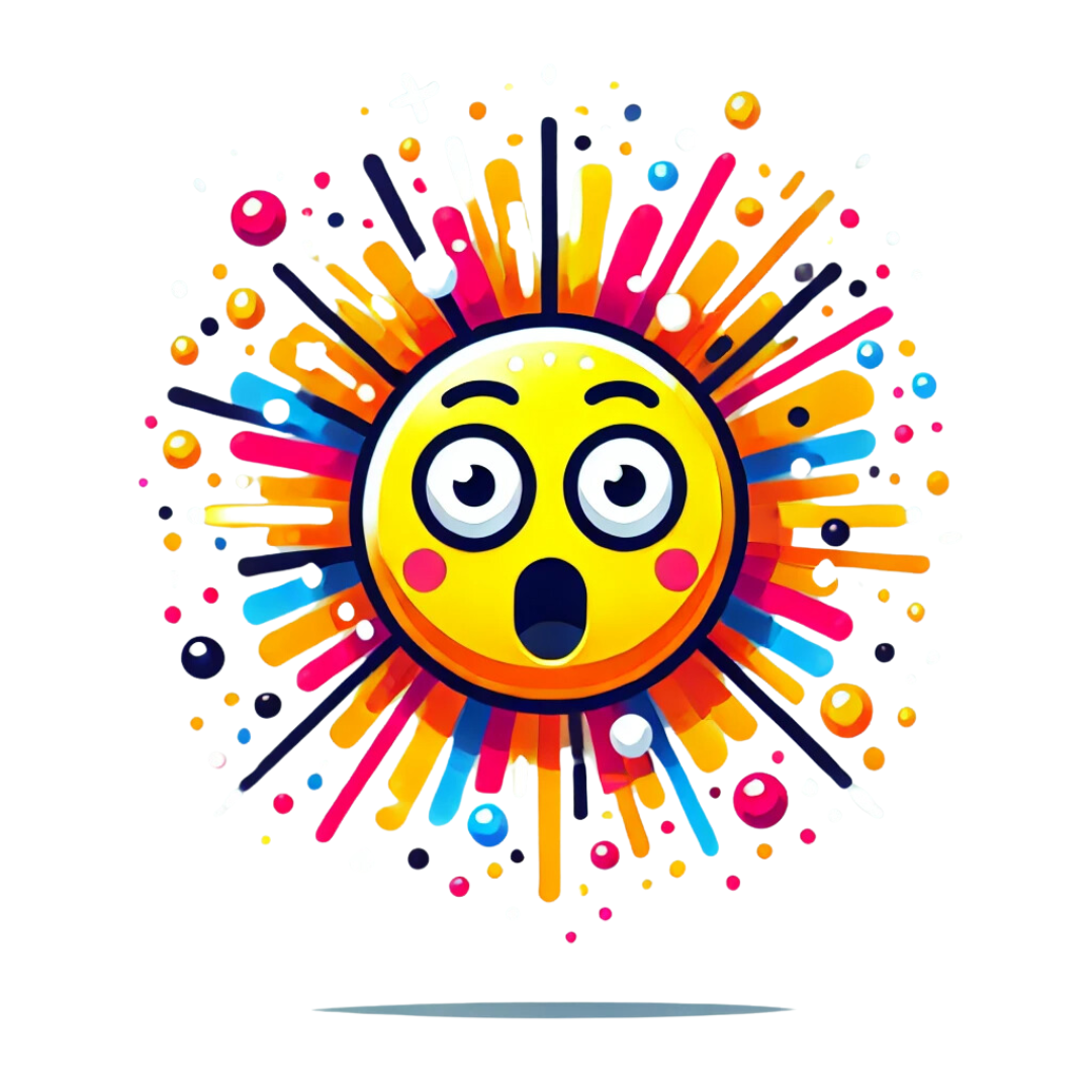 A surprised smiley face is surrounded by colorful lines and dots.