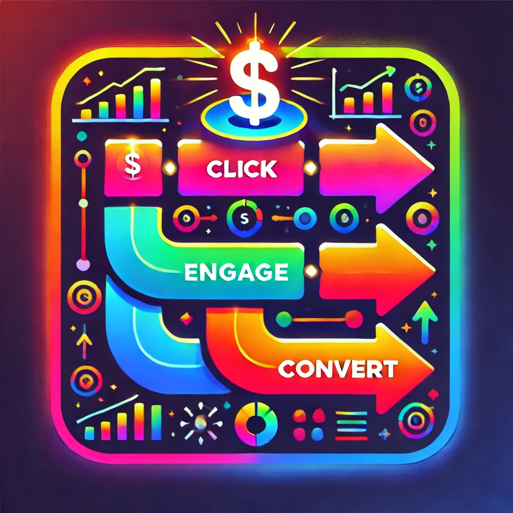 A colorful illustration of a click , engage , and convert process.