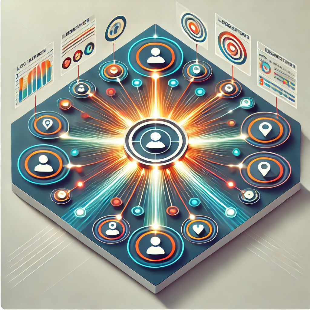 An isometric illustration of a social network with a person in the center surrounded by data graphs.