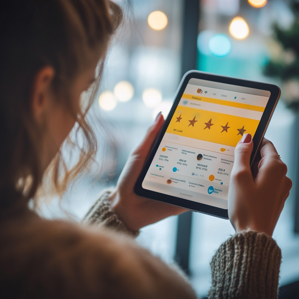 female checking a business' online reviews on her tablet