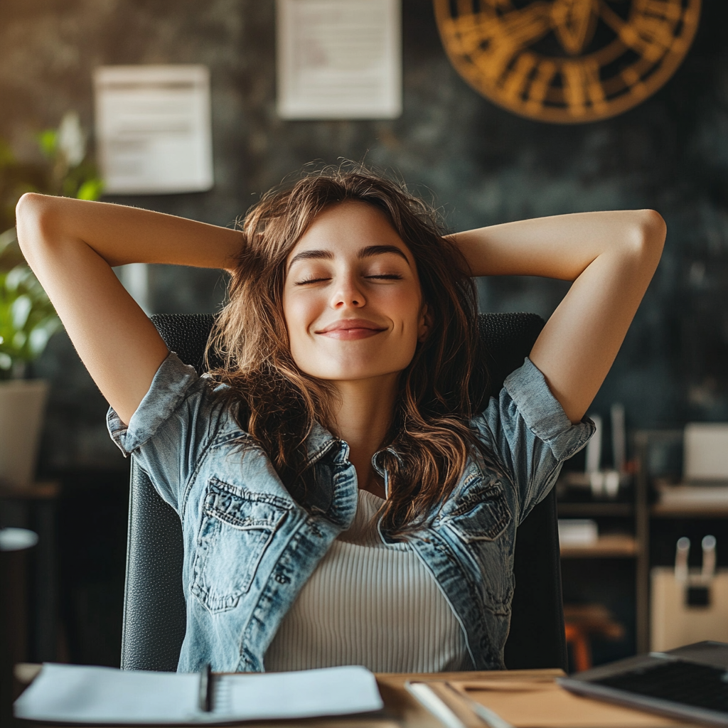 Very content small business owner leaning back in her chair