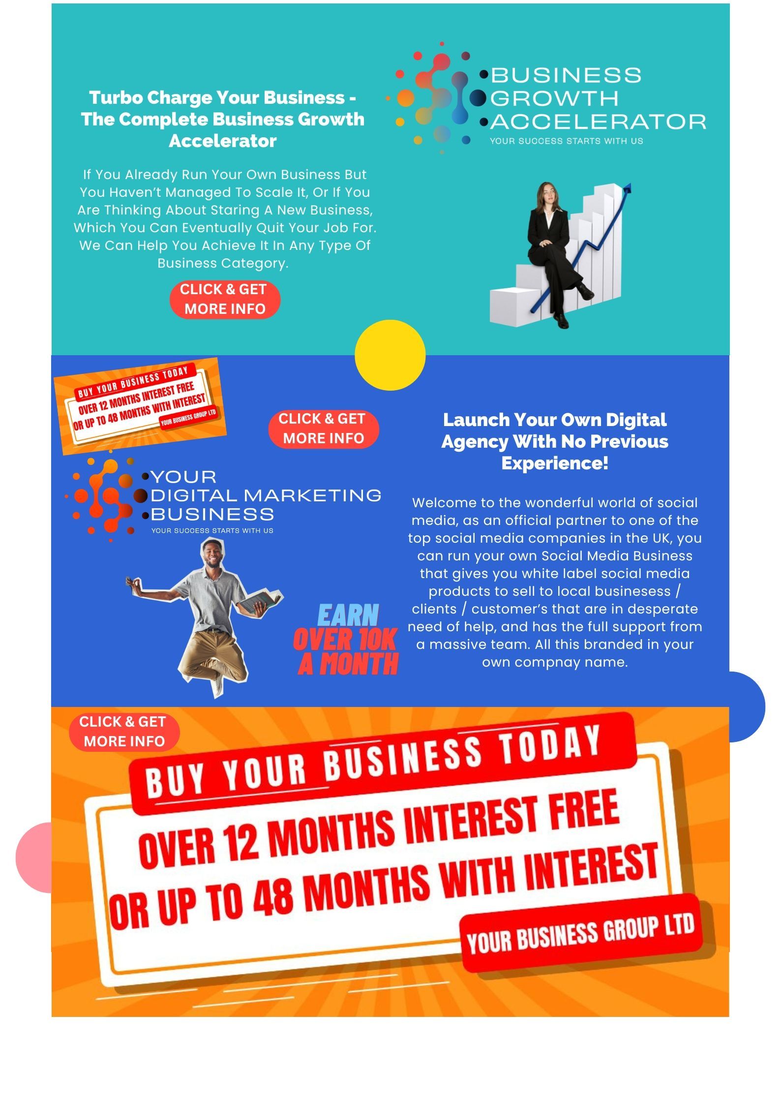 A poster that says buy your business today over 12 months interest free or up to 48 months with interest
