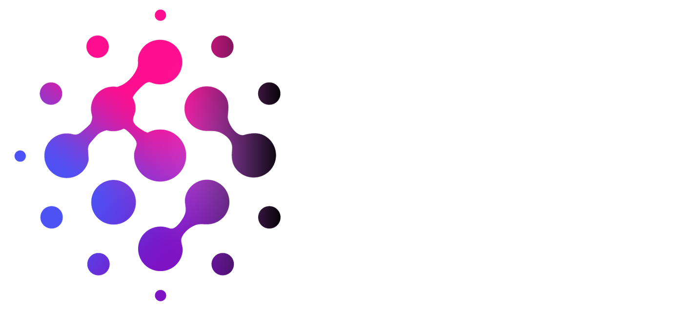 A purple and blue logo with dots on a white background.