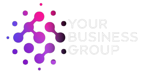A logo for a business group with purple and pink circles on a white background.