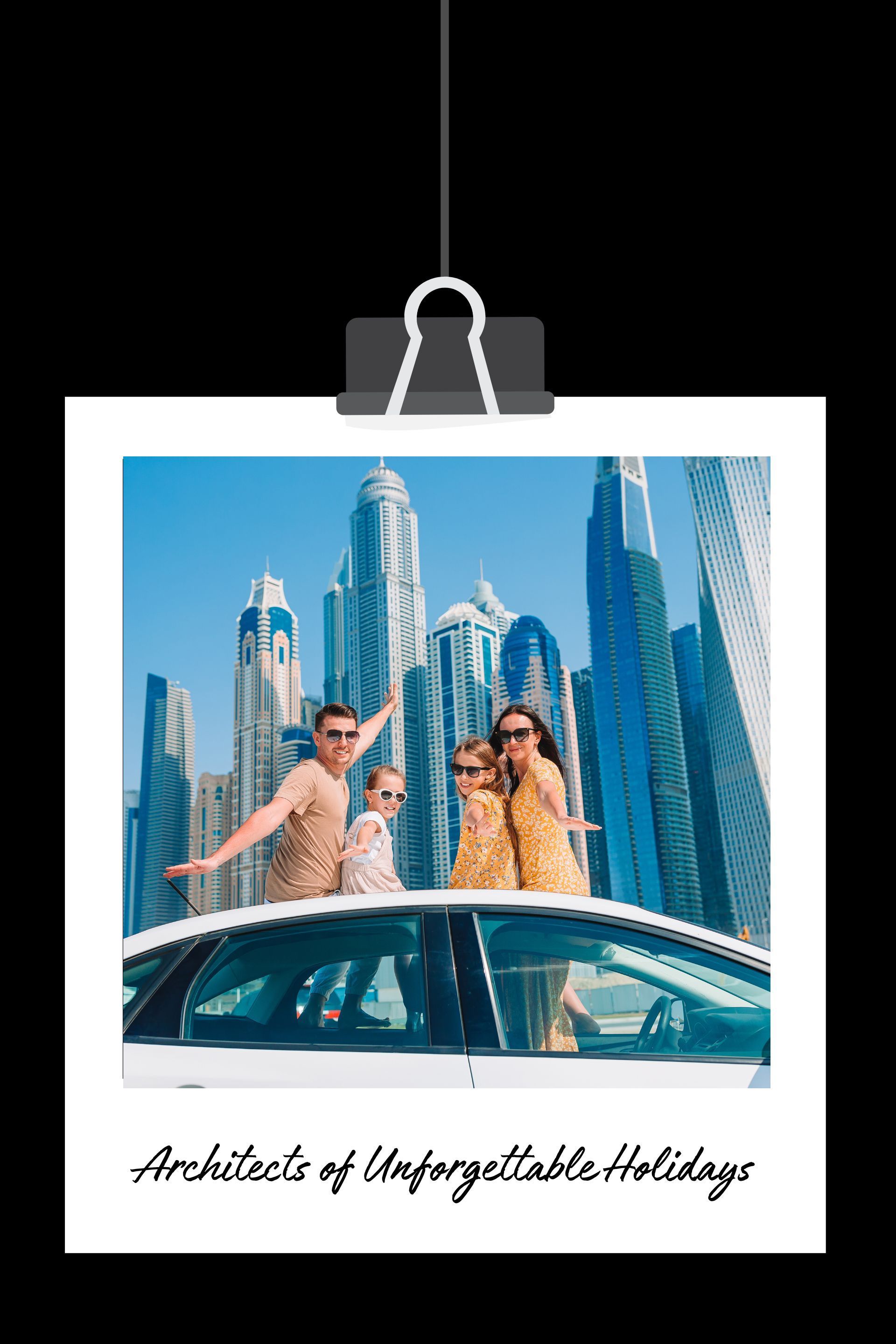 family of four on a holiday in dubai posing in a car