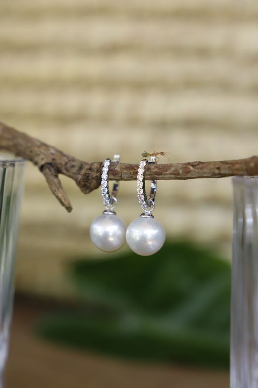 A Pair of Pearl Hoop Earrings With Small Crystals — Chris Williams Retail & Manufacturing Jewellers in Wanguri, NT