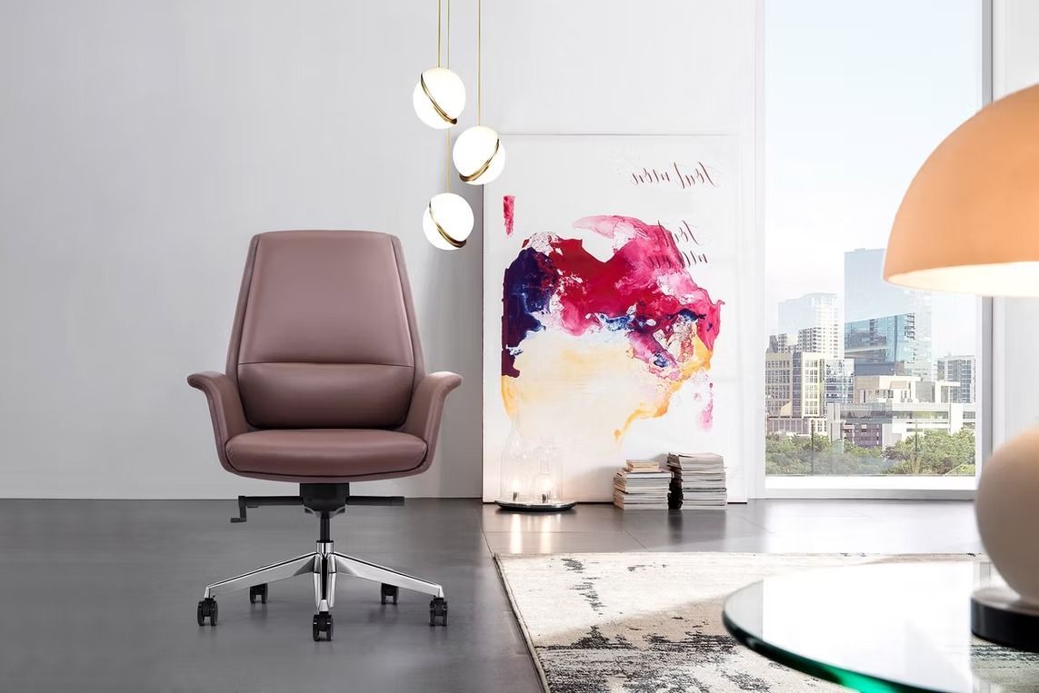A purple office chair is sitting in a living room next to a lamp.