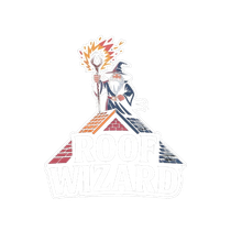 A wizard with a glowing staff stands atop a roof with red and gray tiles. The text reads "ROOF WIZARD."