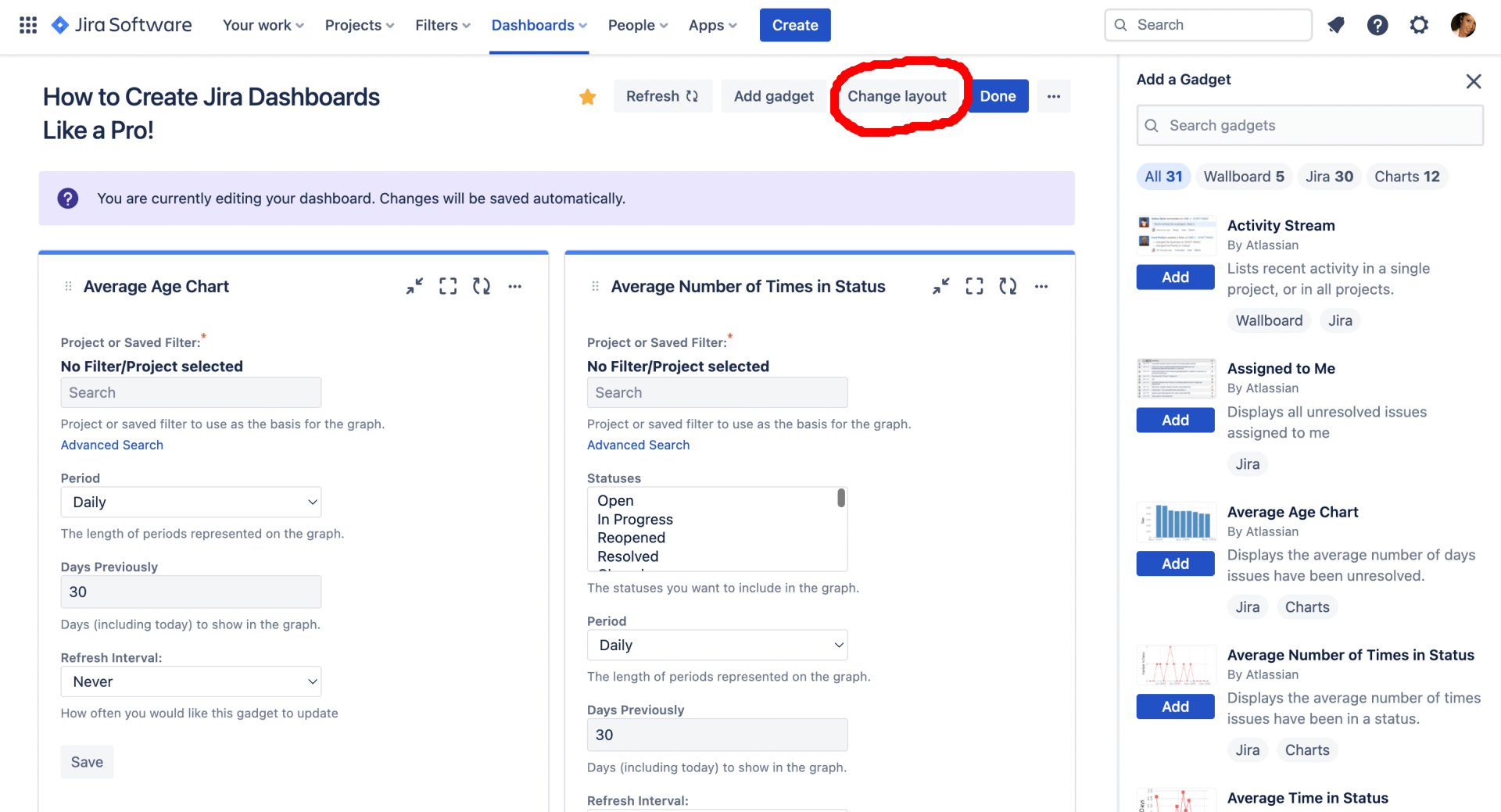 Change the layout of your gadget dashboard in Jira